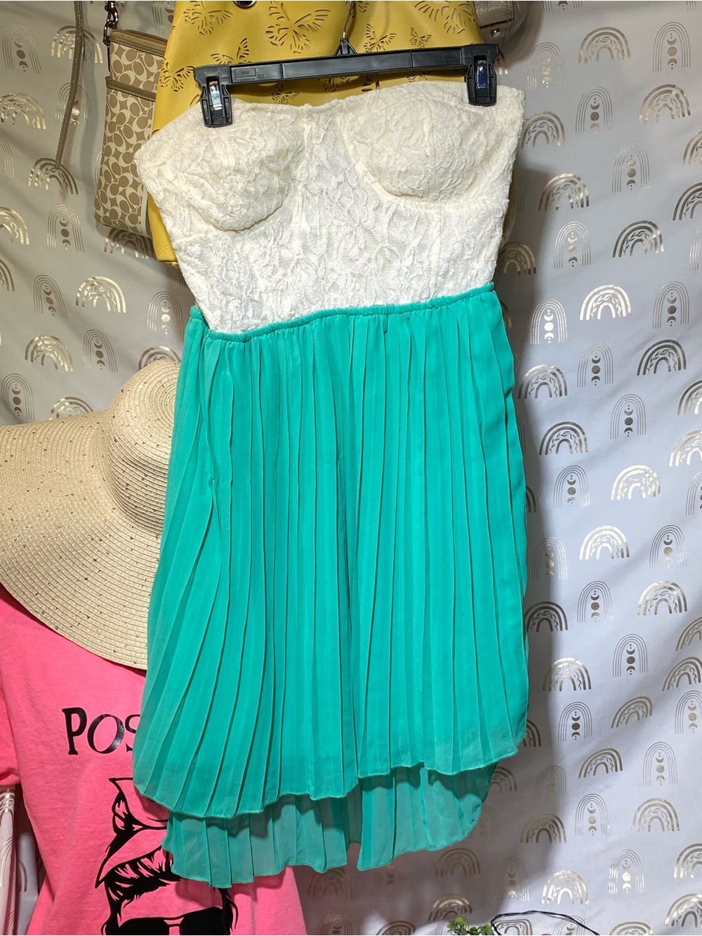 Rue21 White Lace Strapless Top with Teal Pleated Midi Skirt